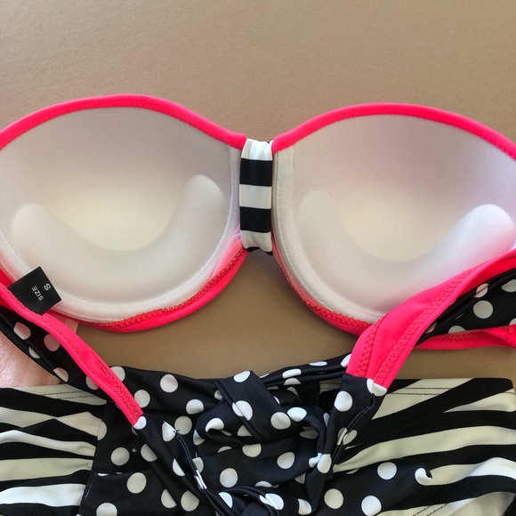 Neon Pink Black & White Striped Polka Dot Bikini - Picture 6 of 8